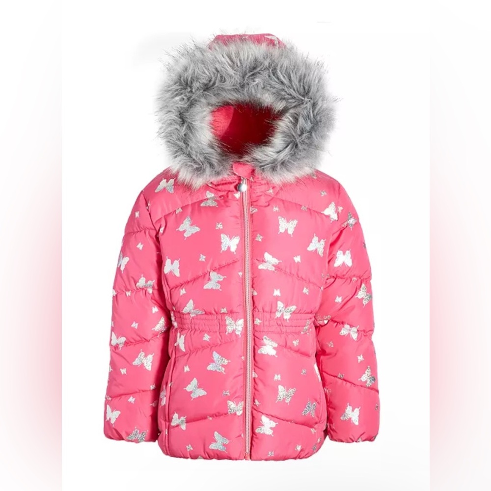 Pink Butterfly Puffer Jacket with Faux Fur Hood